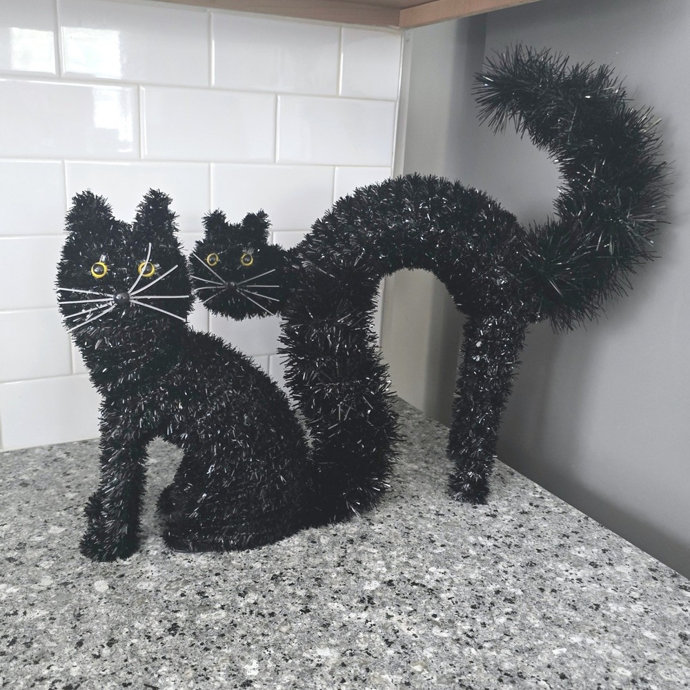 Halloween Tinsel Cat Pair Black Arched Back Spooky Sparkle Decor Witchy
Party
